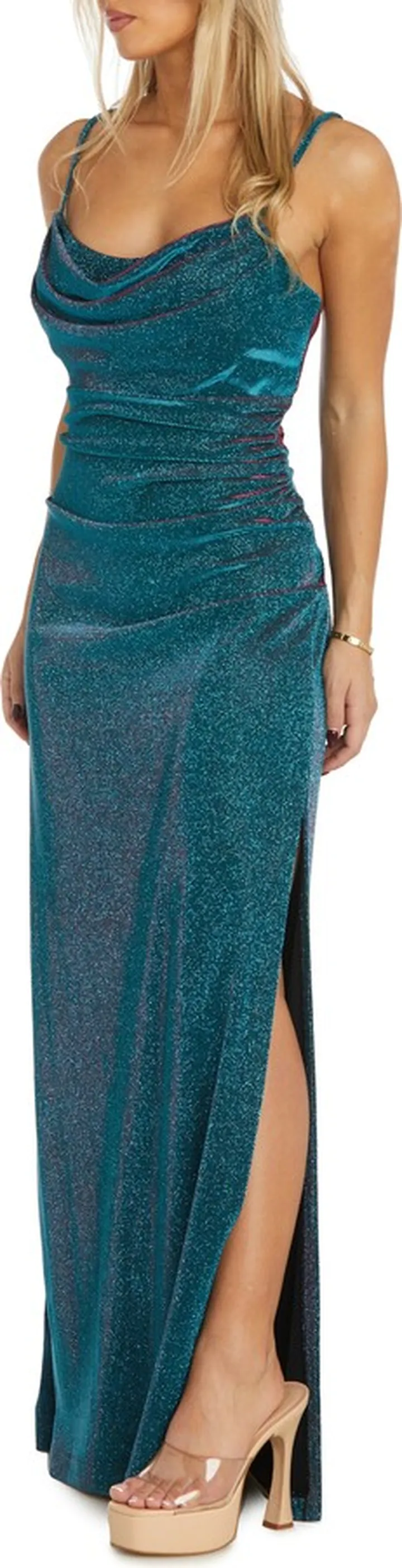 Shimmer Cowl Neck Gown