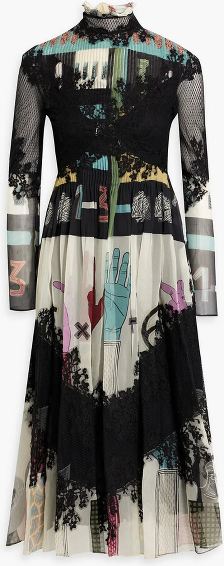 Lace-paneled printed silk-chiffon dress