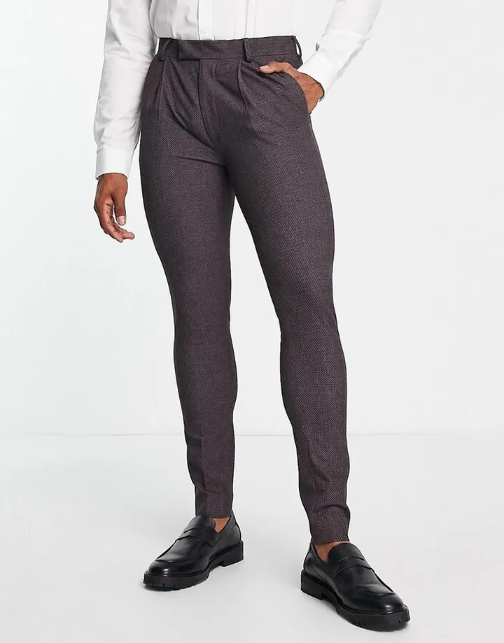 Noak super skinny premium fabric suit pants in burgundy micro-texture
