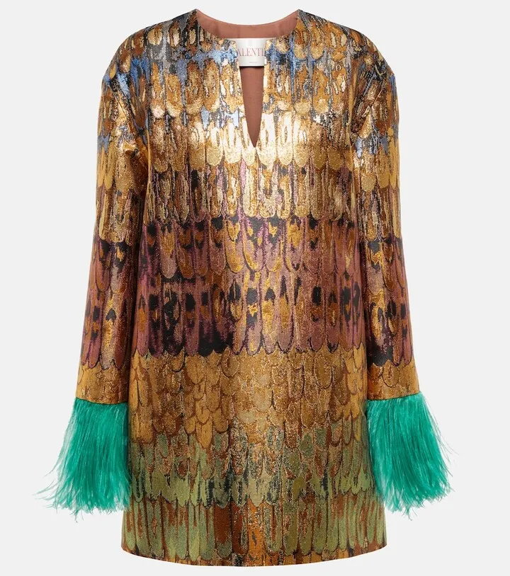 Feather-trimmed jacquard minidress