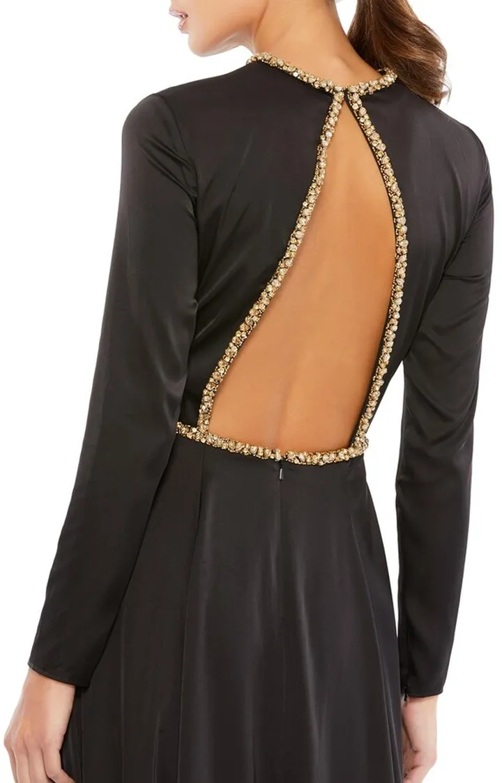 Beaded Trim High Neck Open Back Gown