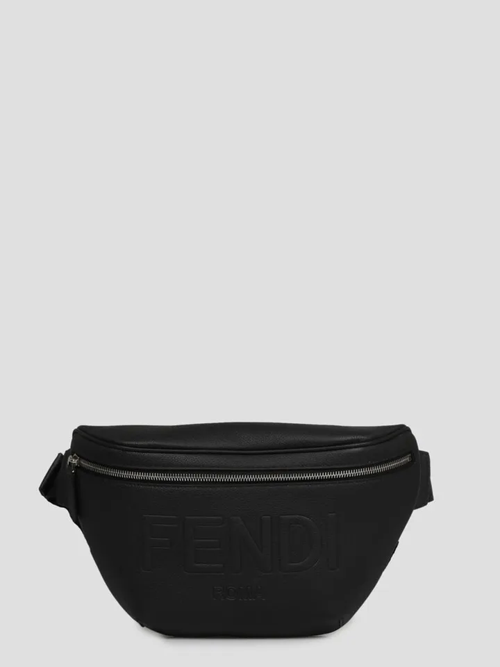 Fendi belt bag in grained leather with 3D Fendi Roma lettering on the front.