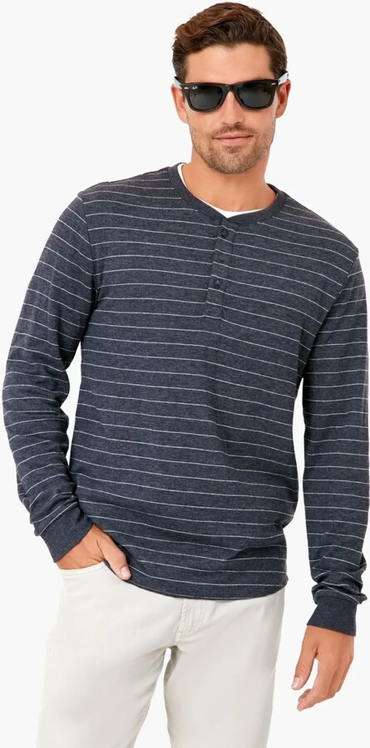 Faded Black White Stripe Double Knit Henley