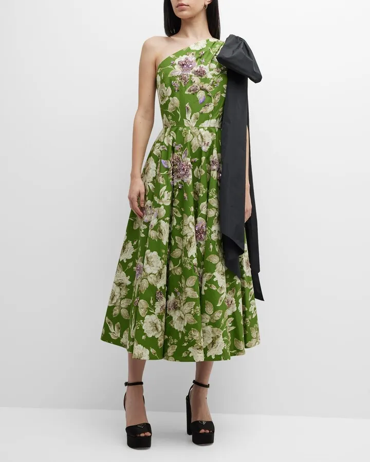 One-Shoulder Bow Floral Beaded Midi Dress