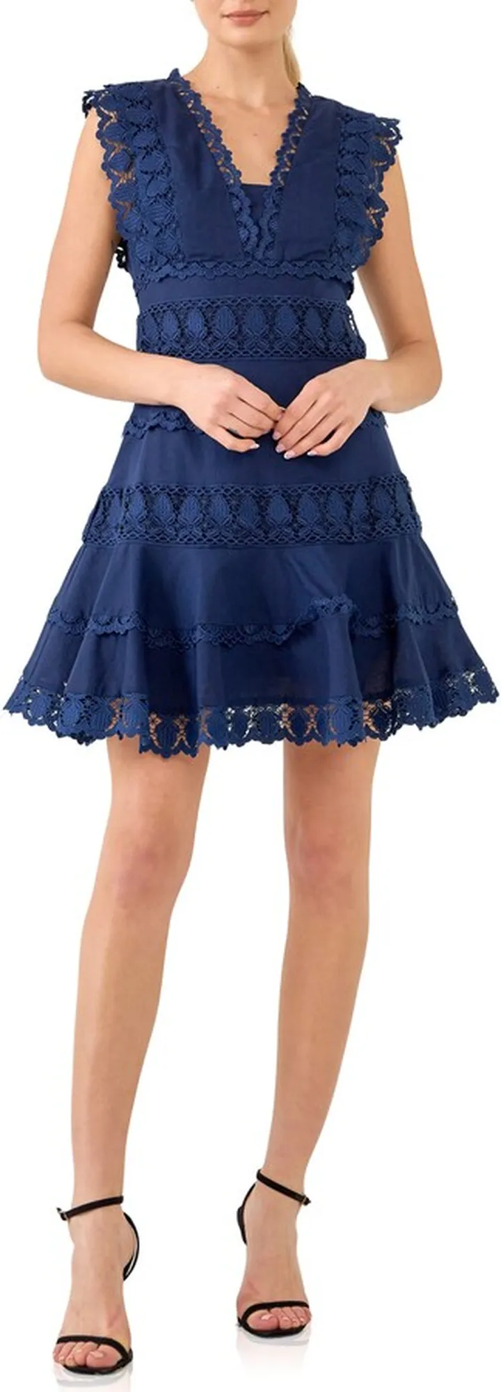 Plunge Neck Tiered Lace Linen & Cotton Dress