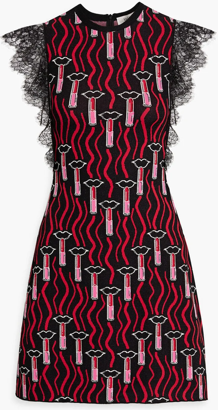 Lace-trimmed jacquard-knit mini dress