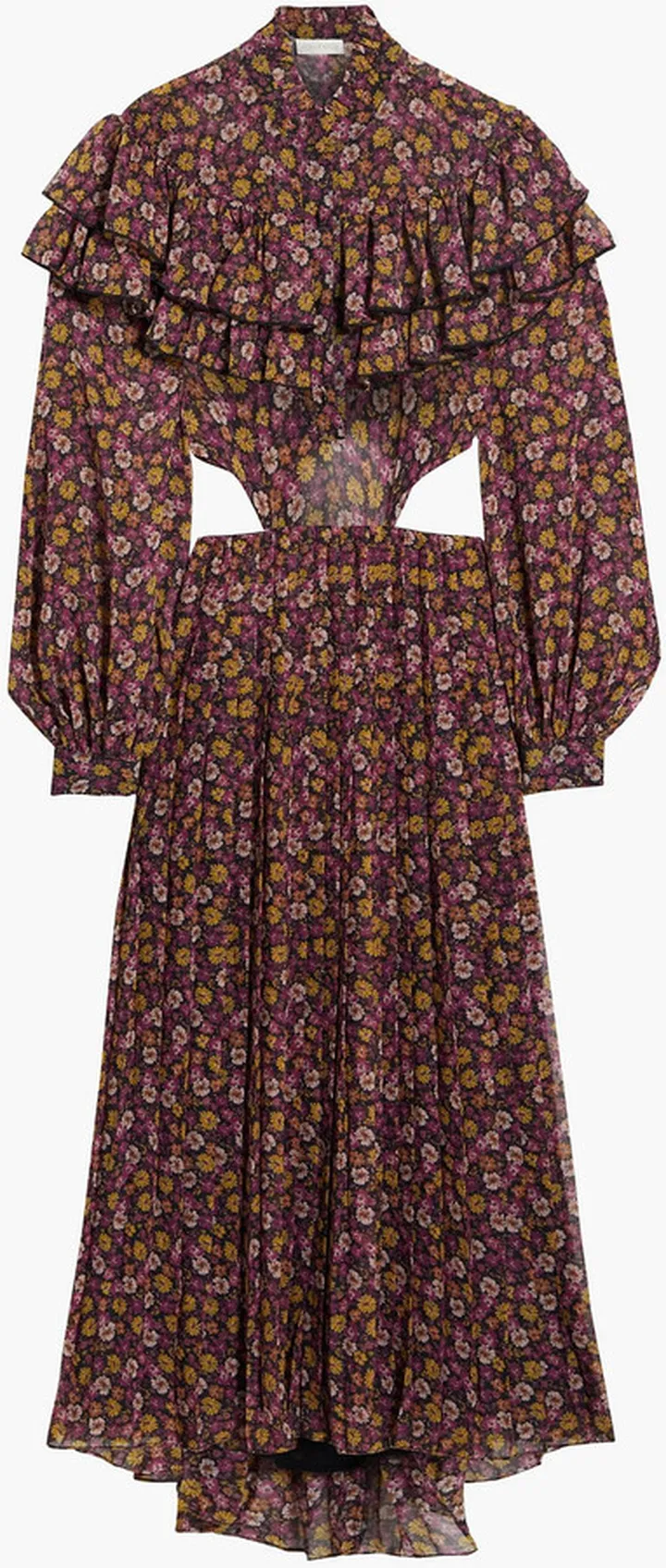 Cutout ruffled floral-print crepon midi dress