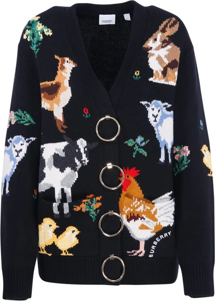 Burberry Animal Intarsia V-Neck Cardigan