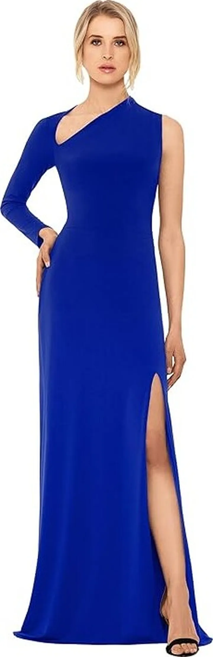 Betsy & Adam Long Jersey Asymmetrical Sleeve Gown (Electric Blue) Women's Dress