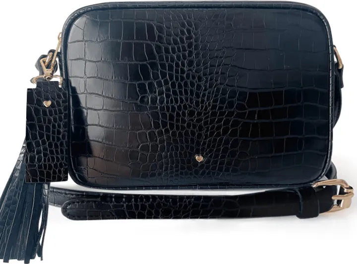 Johnny Loves Rosie - Black Vegan Leather Croc Logan Tassel Bag