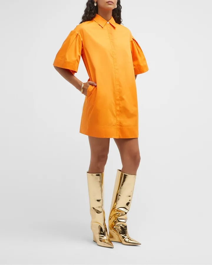 Pleated-Sleeve Mini Shirtdress