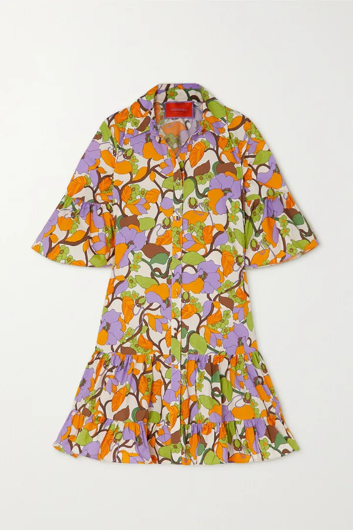 La DoubleJ - Choux Ruffled Floral-print Cotton-poplin Mini Shirt Dress - Orange