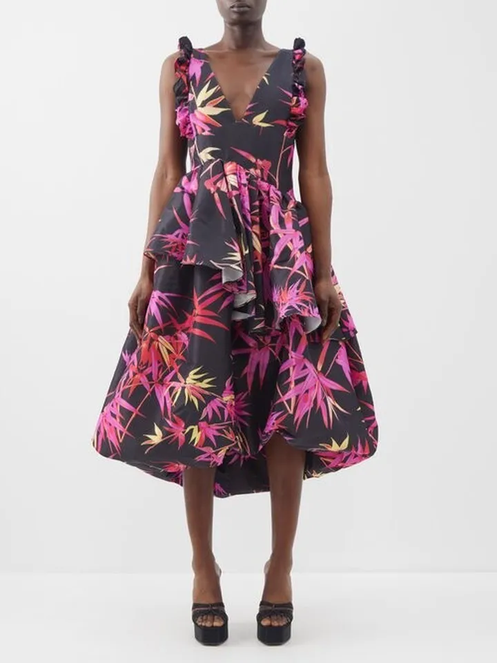 Lori Plunge-front Printed Taffeta Midi Dress
