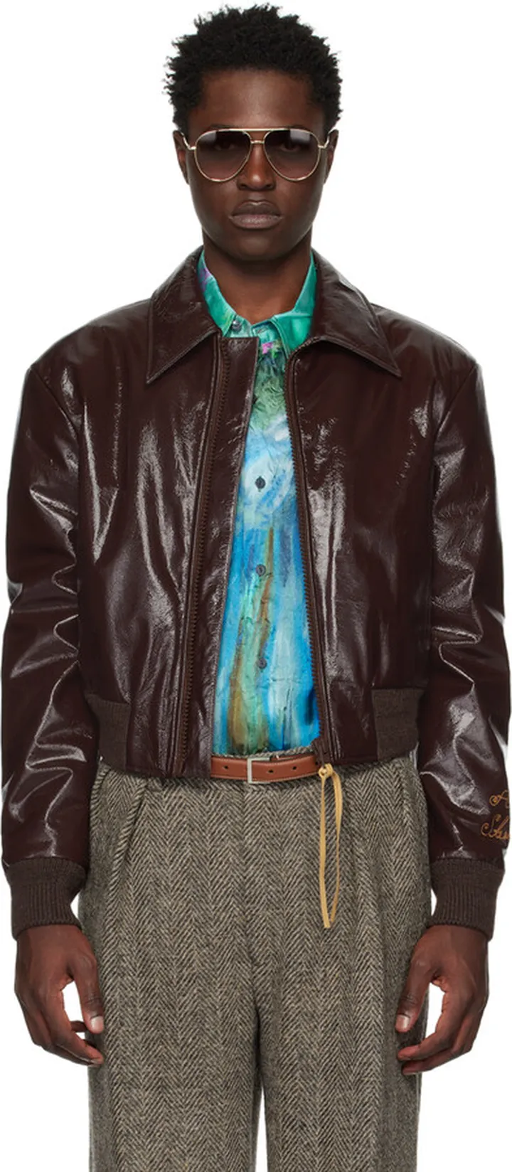 Acne Studios Brown Embroidered Leather Bomber Jacket