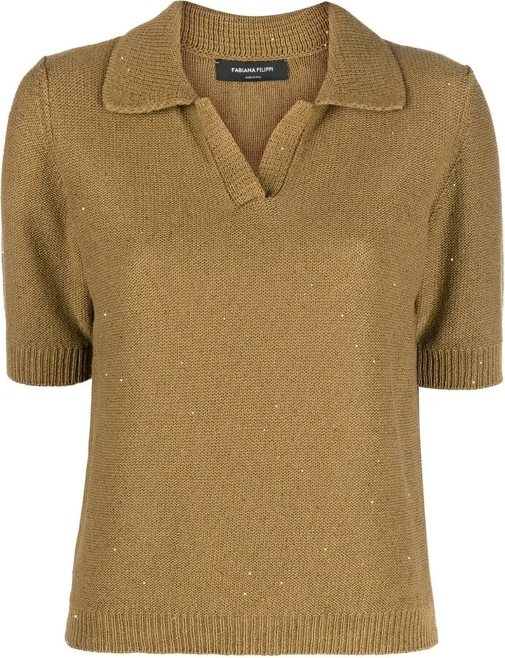 Sequin-Embellished Knitted Polo Top