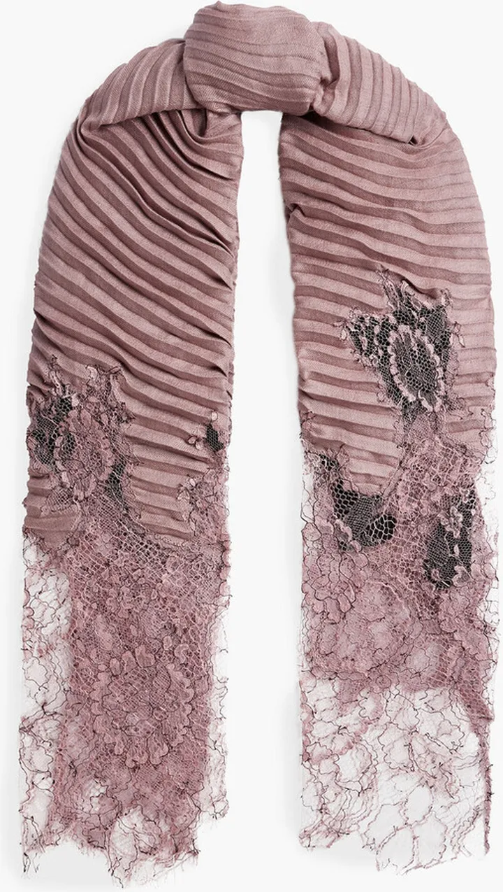 Lace-paneled plissé cashmere and silk-blend scarf