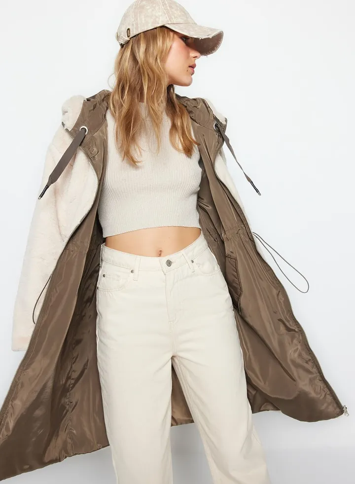 Fur Detail Hooded Longline Coat