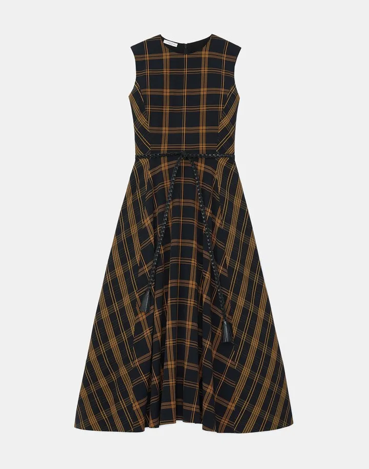 Fine Plaid Crepe Fit Flare Midi Dress
