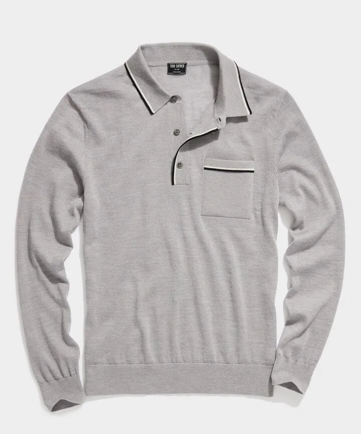 Long-Sleeve Merino Tipped Polo in Silver Grey