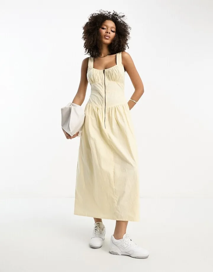 ASOS DESIGN washed cotton drop waist utility midi dress with zip detail in cream