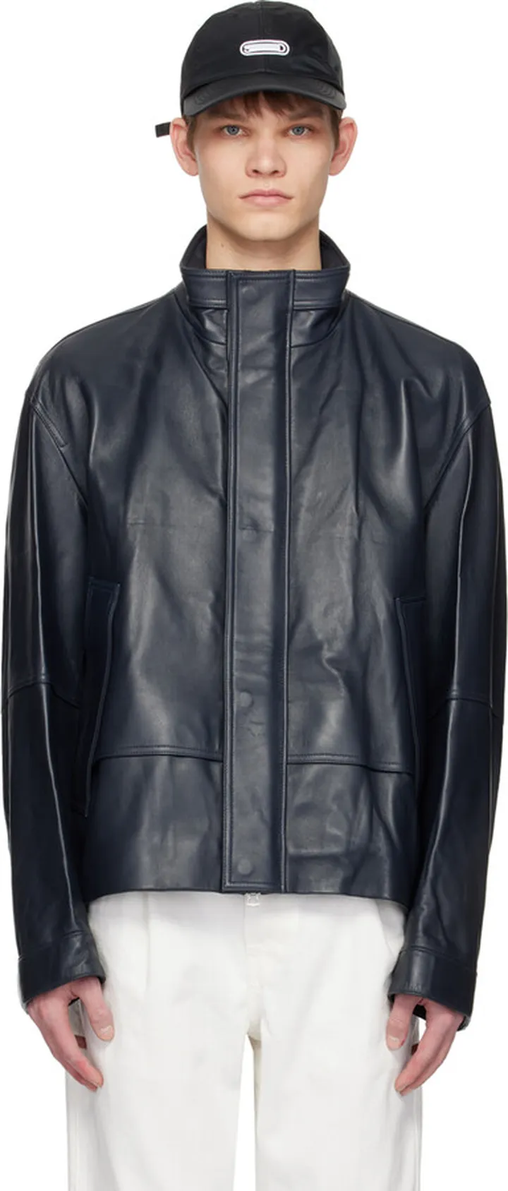 Solid Homme Navy Drawstring Leather Jacket