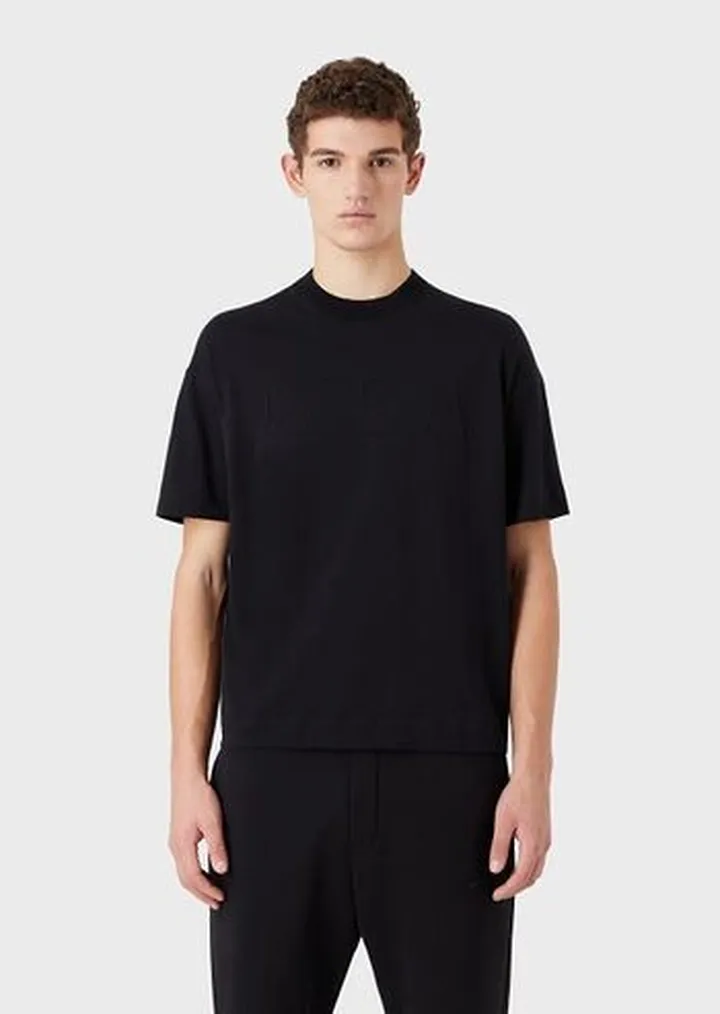 Heavy jersey T-shirt with oversized embossed logo trim