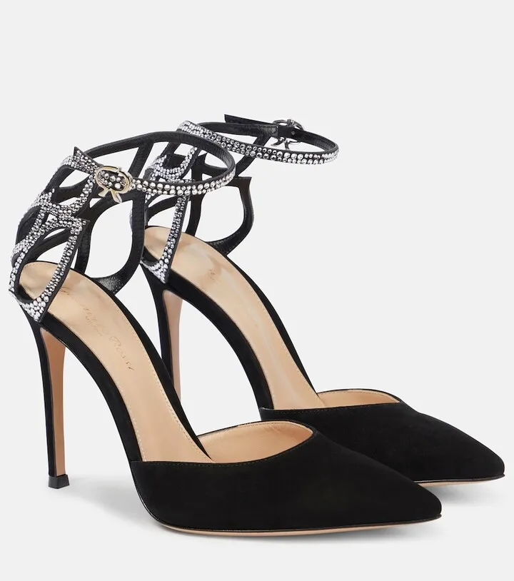 Crystal-embellished suede pumps