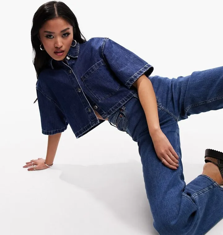 ASOS DESIGN denim short sleeve shirt in midwash blue
