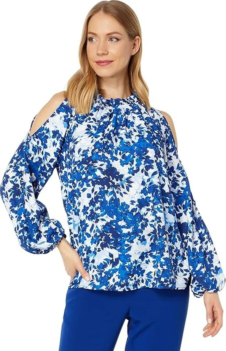 Vince Camuto Long Sleeve Open Shoulder Layard Leaves Halter Blouse (Opulent Blue) Women's Clothing