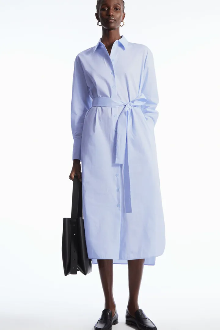 Belted Striped Midi Shirt Dress