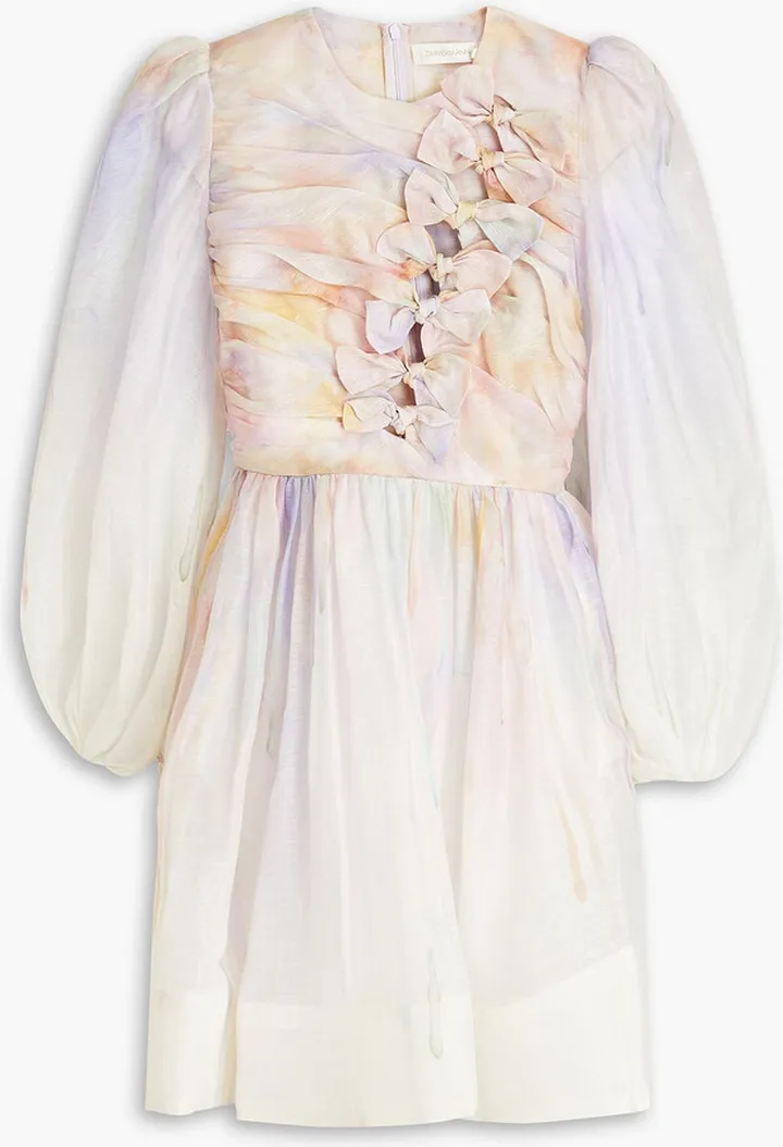 Bow-embellished printed linen and silk-blend mini dress