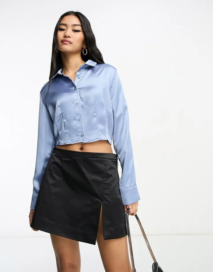 Stradivarius cropped satin shirt in blue