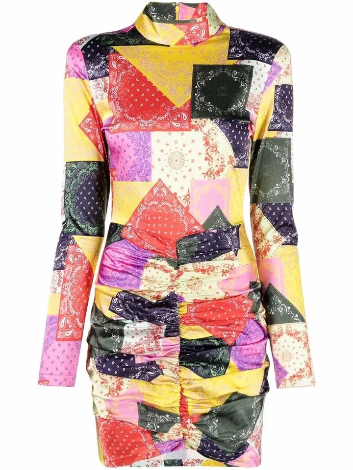 Miki patchwork-print ruched dress