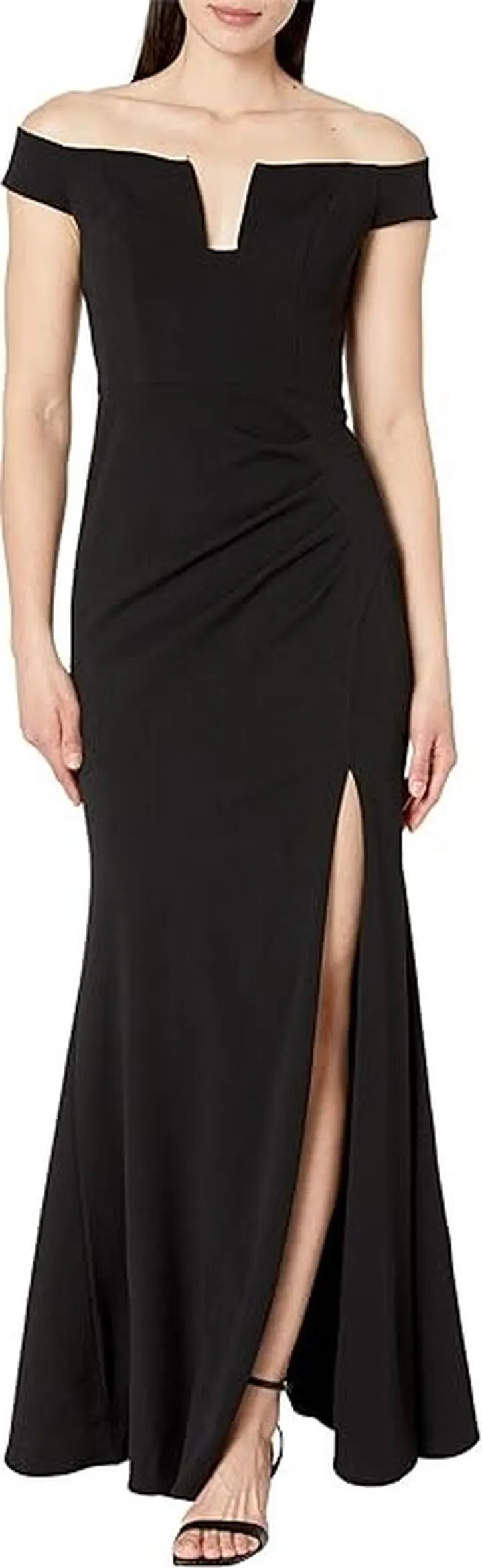 XSCAPE Long Off-the-Shoulder Scuba Crepe U-Front Dress (Black) Women's Dress