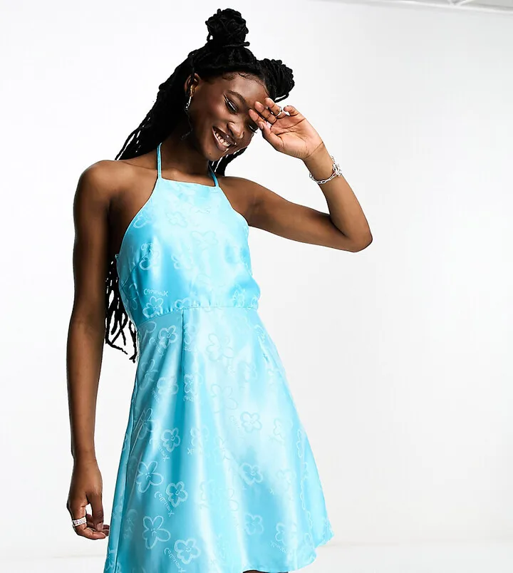 COLLUSION halterneck floral jacquard mini dress in blue