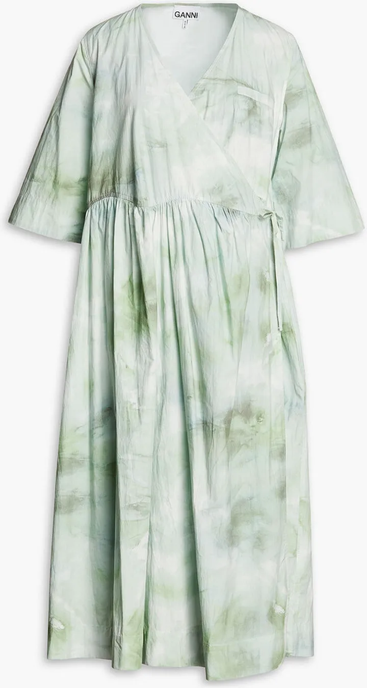 Tie-dyed organic cotton-poplin midi wrap dress