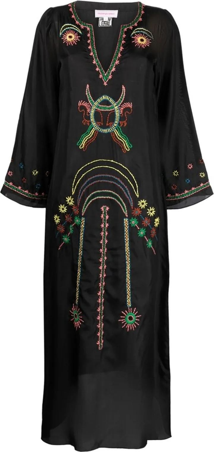 Embroidered Split-Neck Silk Dress