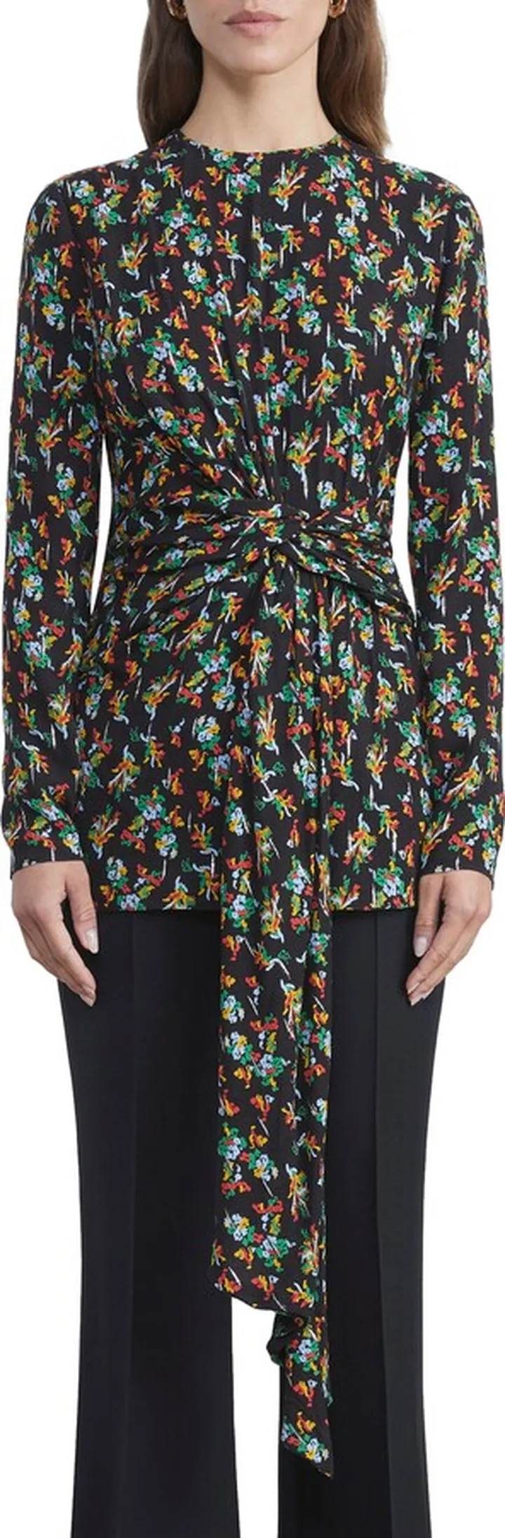 Print Tie Waist Tunic Blouse