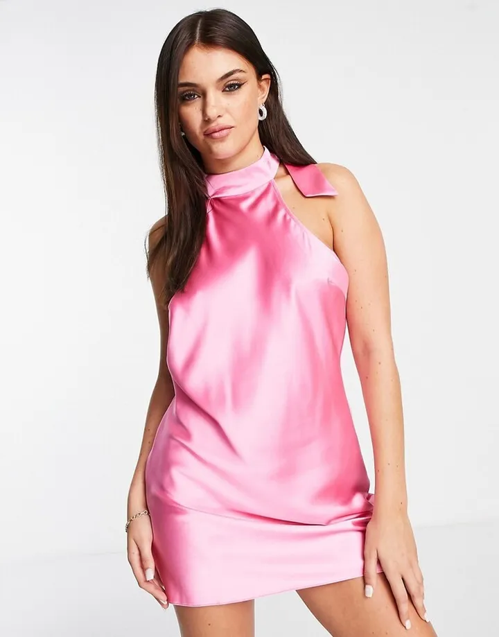 Miss Selfridge halter neck satin mini dress in pink