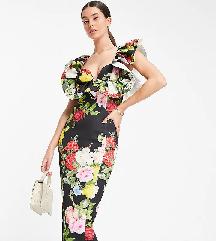 ASOS DESIGN Tall ruffle cupped pencil midi dress in floral print