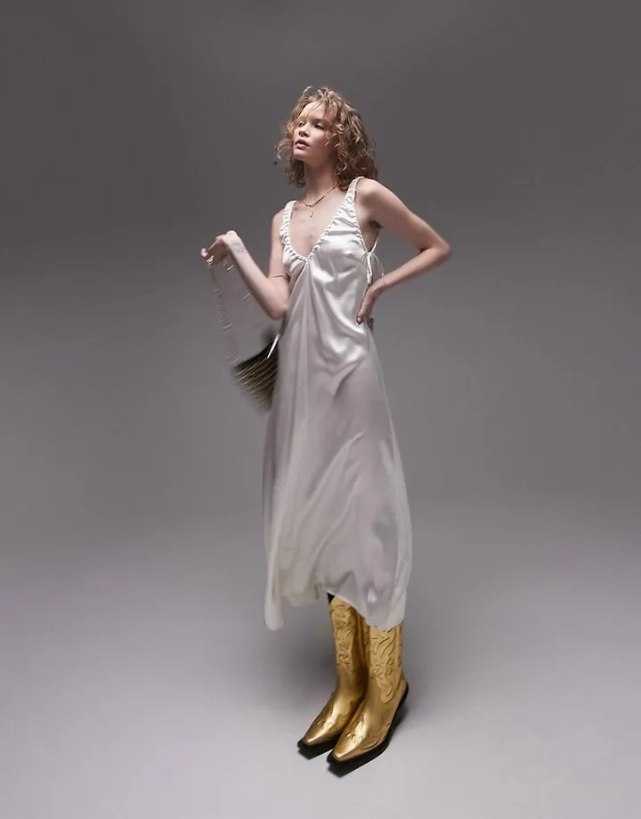 Topshop satin ruched midi dress in ivory
