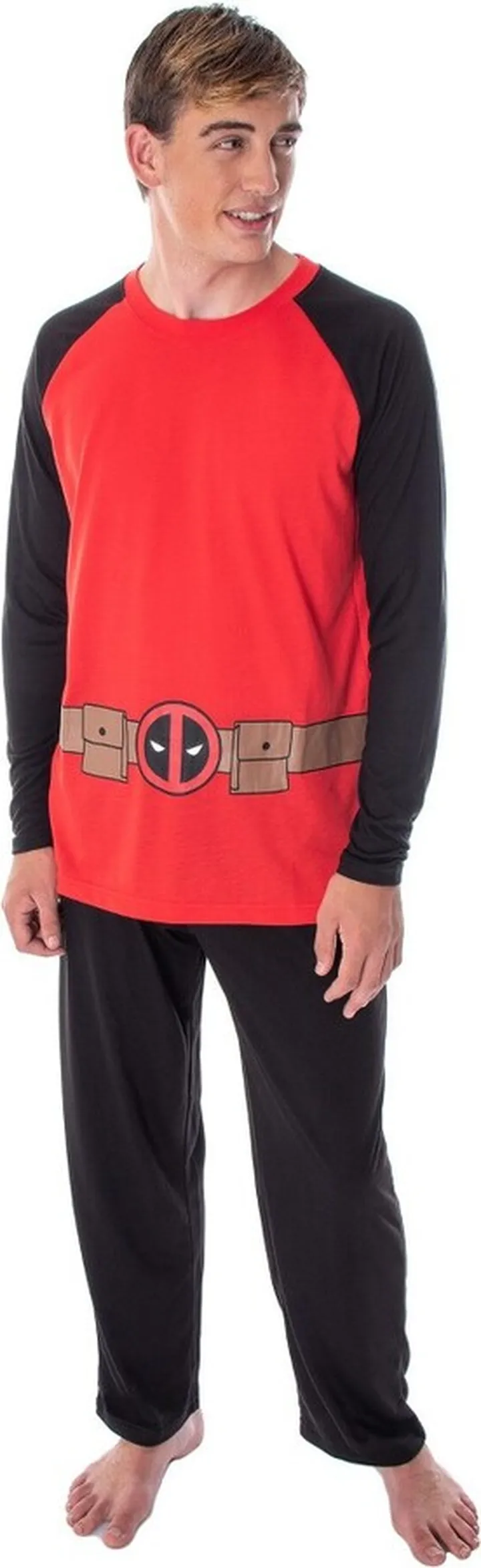 Marvel Men's Deadpool Superhero Costume Raglan Top And Pants Pajama Set (Large) Black