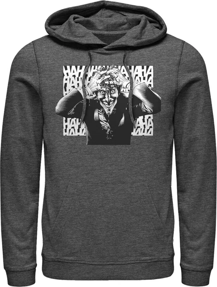 Men's Batman Joker Hahaha Crazed Look Pull Over Hoodie - Charcoal Heather - 2X Large