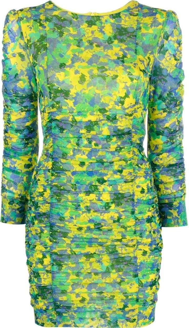 Floral-Print Ruched Mesh Dress