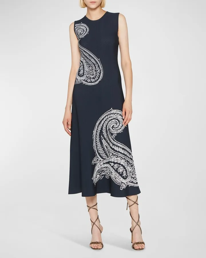 Placed Paisley Sleeveless Knit Midi Dress