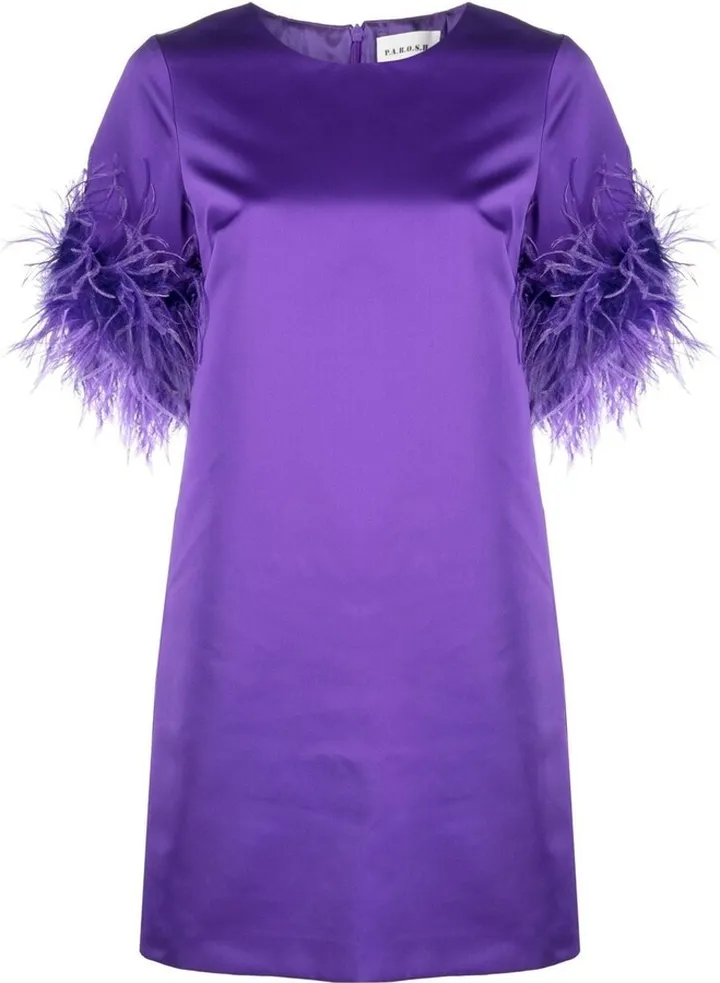 Feather-Trim Satin Dress