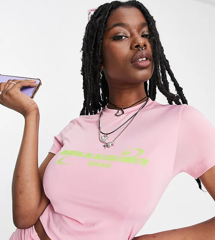 COLLUSION branded slinky shrunken T-shirt in pink - part of a set