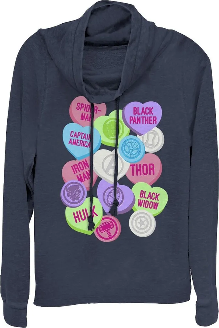 Junior's Marvel Valentine's Day Candy Heart Heroes Cowl Neck Sweatshirt - Navy Blue - X Small