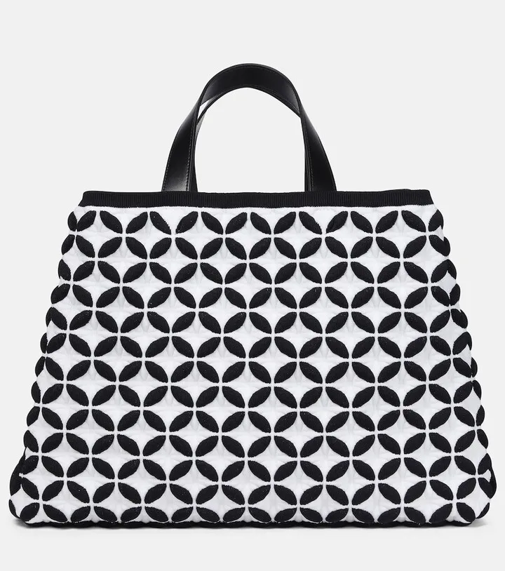 Leather-trimmed jacquard knit tote