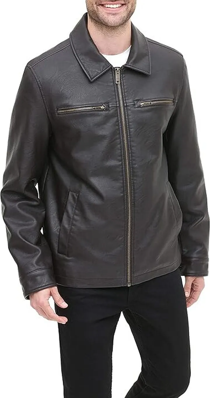 Dockers Men's James Faux Leather Jacket (Dark Brown W. Chest Zip) Men's Jacket